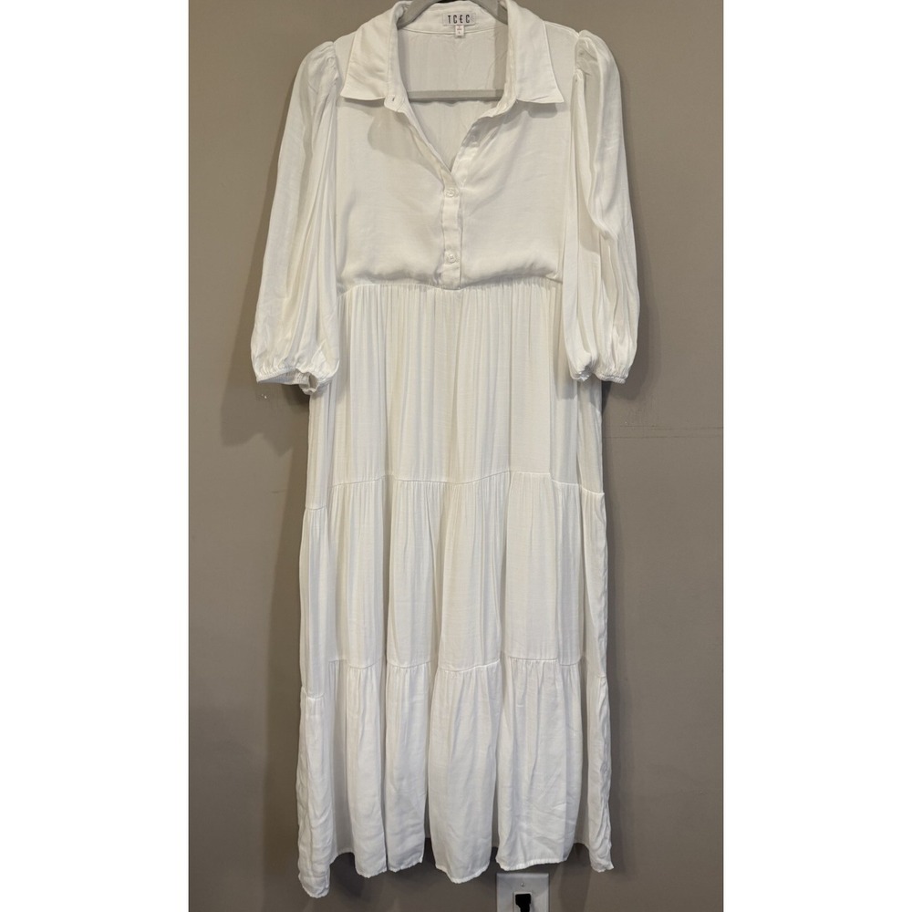 TCEC White Tiered Peasant Dress Large Cottagecore Boho‎